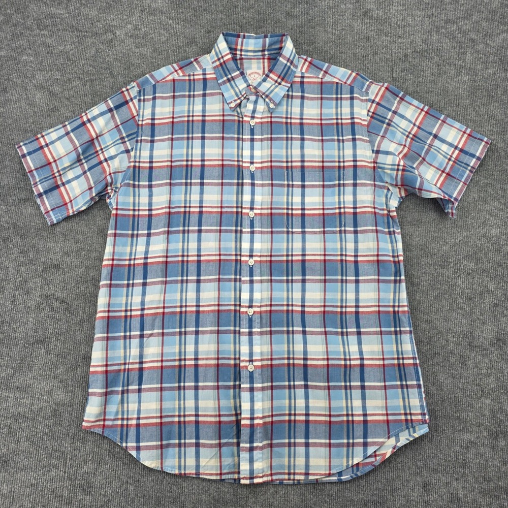 Brooks Brothers 346 Mens Large Short Sleeve Plaid Button Down Shirt Blue Red L